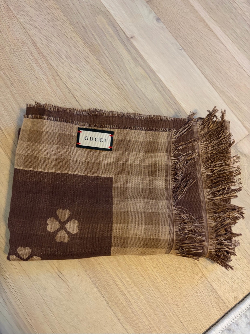 Gucci Brown & Tan Checked Fringe Shawl